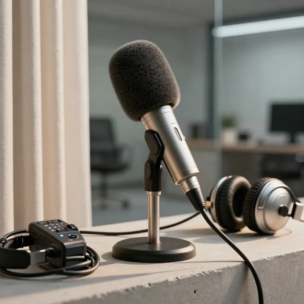 Microfono da reportage con registratore audio su cemento, luce calda da finestra.