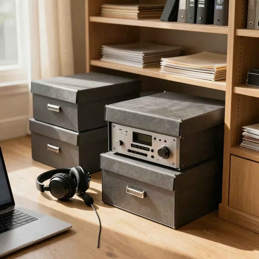 Archivio editoriale in luce calda con scatole, cuffie e registratore su legno