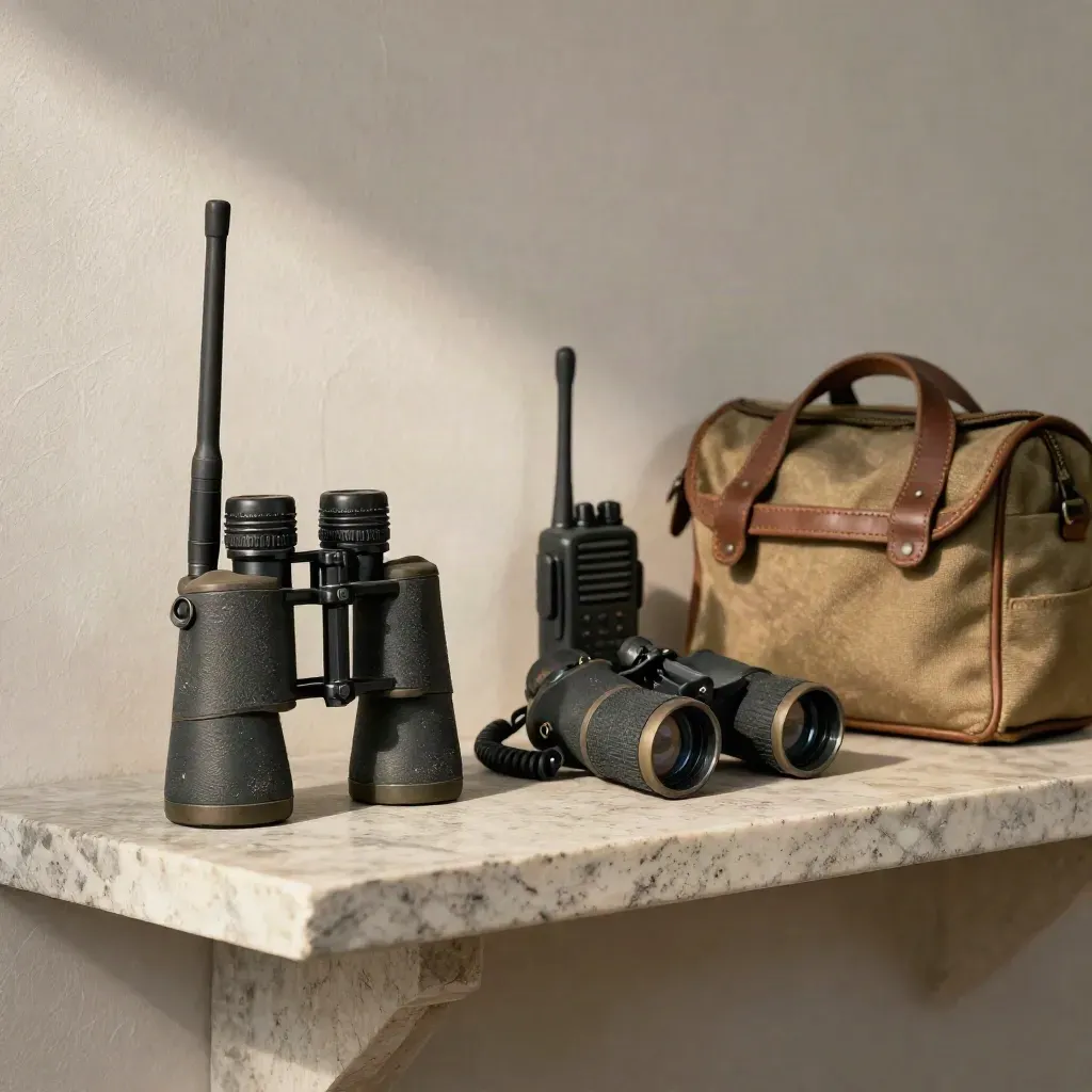 Kit da inviato con telefono satellitare, radio e binocoli su mensola in pietra.