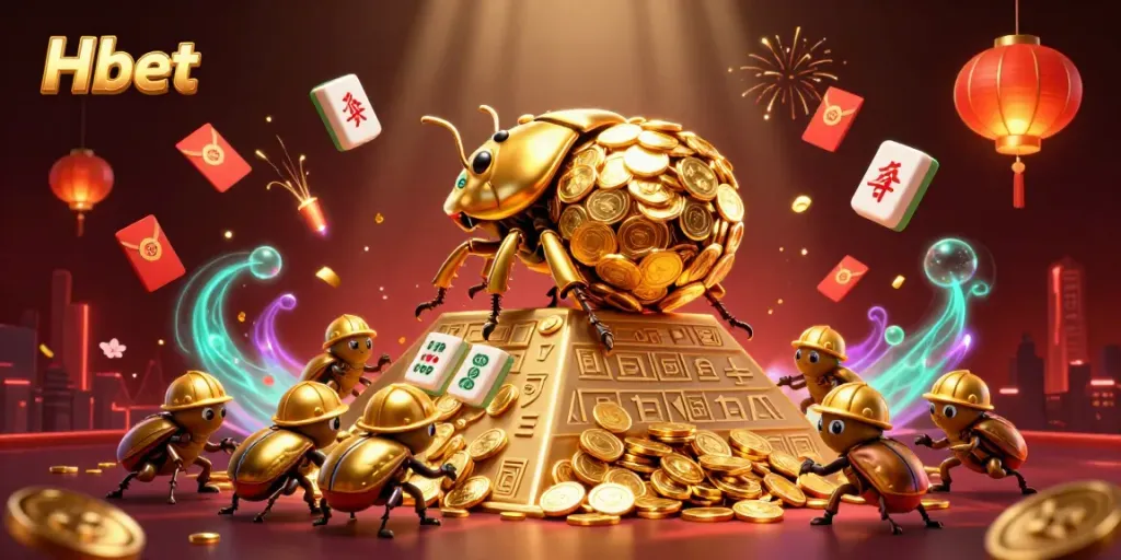 Experience Hbet's vibrant casino atmosphere with golden coins, beetles, and festive elements