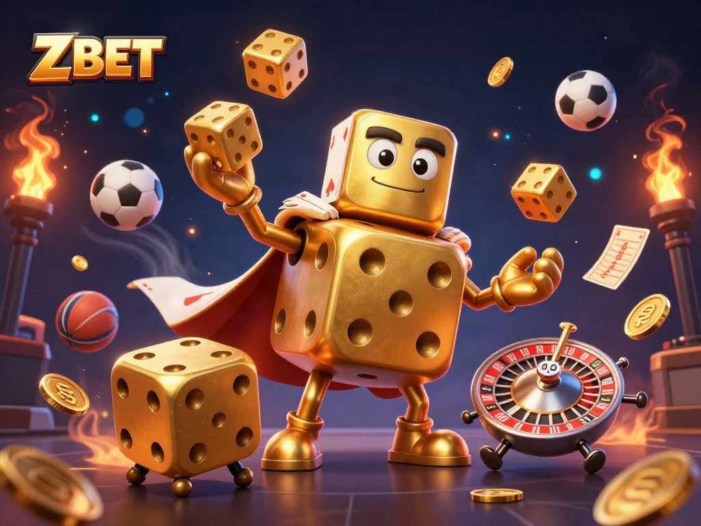 Z BET showcases an exciting scene with a golden dice golem, dynamic sports elements, and vibrant casino visuals.