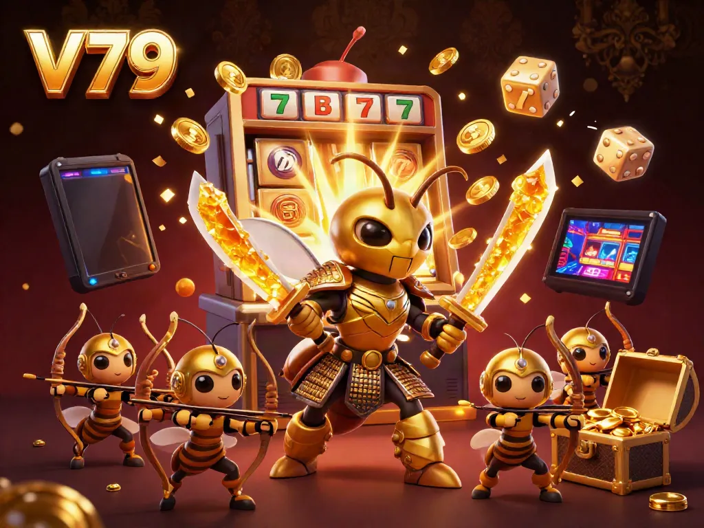 Engage with V79's vibrant casino world, featuring a golden hornet samurai amidst a jackpot explosion.