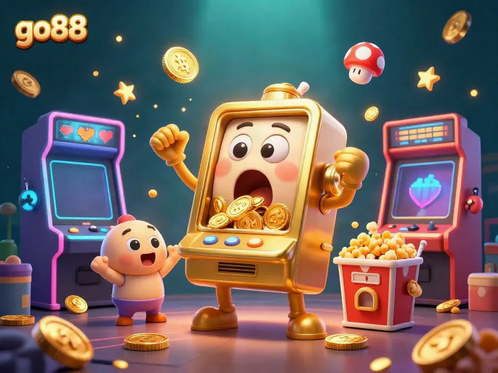 go88 slot machine wins big with coins pouring out, surrounded by cheering baby slots and popcorn machine