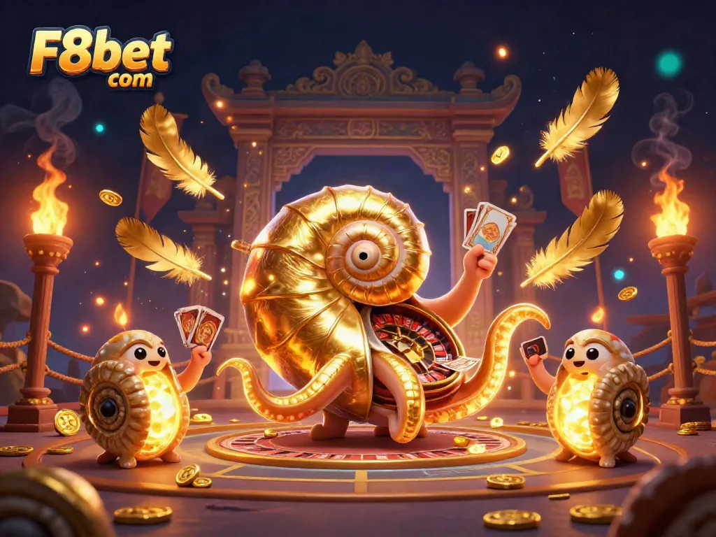 Experience the thrilling gameplay at F8bet com with an ancient nautilus roulette and glowing cards, in a vibrant casino scene.