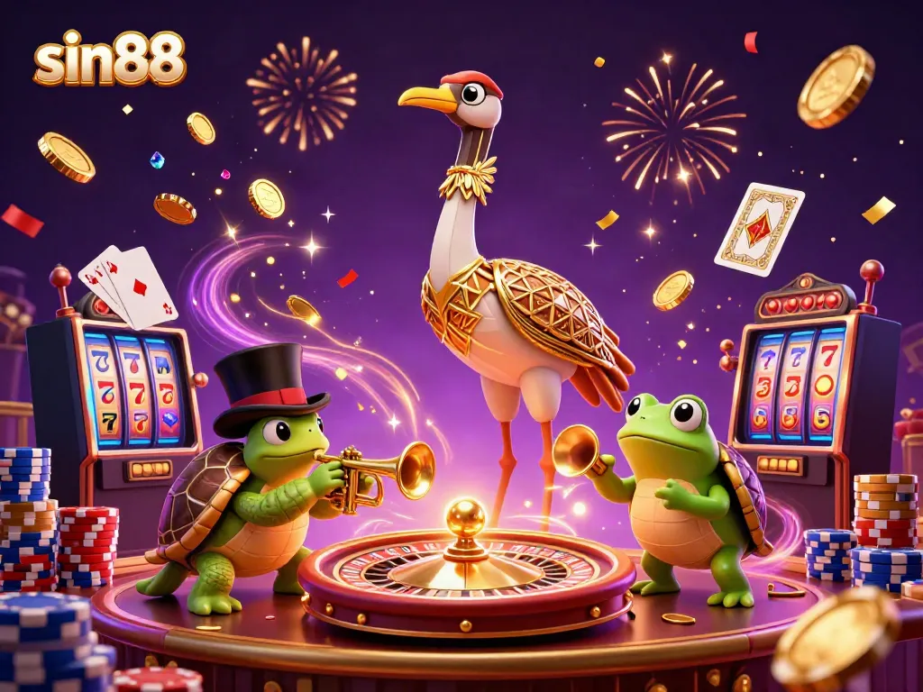 Experience thrilling gaming at sin88 with vibrant illustrations depicting a flapper-style crane and lively casino elements.