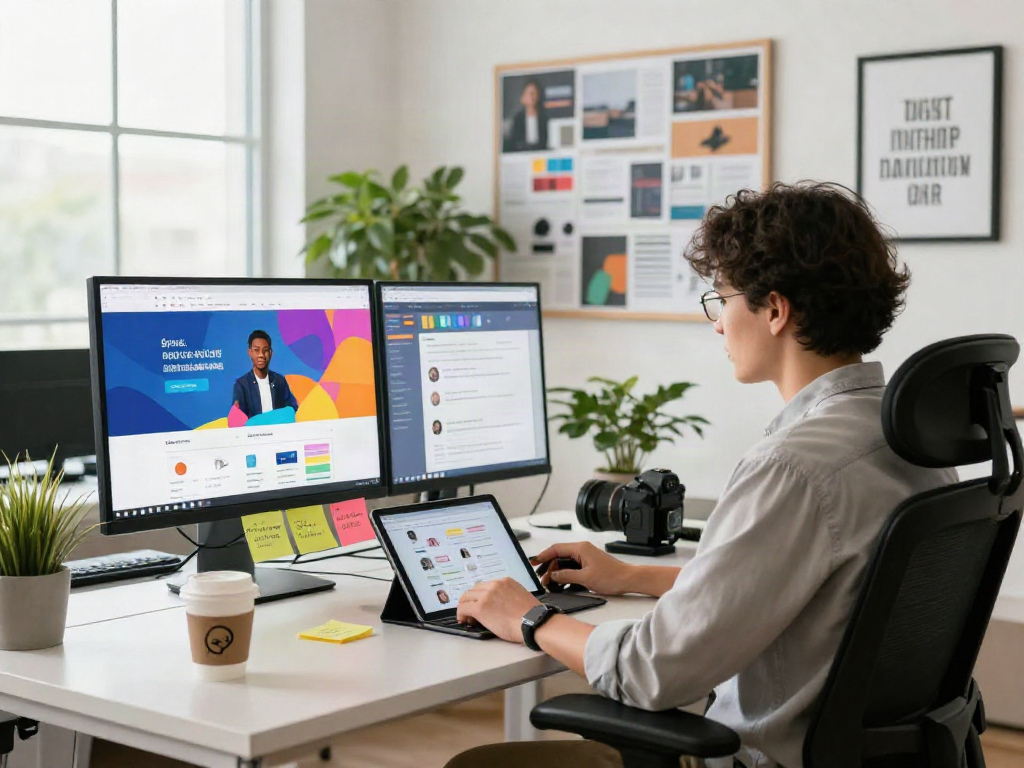 Il designer di Sanumwebdesign al lavoro in un moderno ufficio, circondato da strumenti creativi.