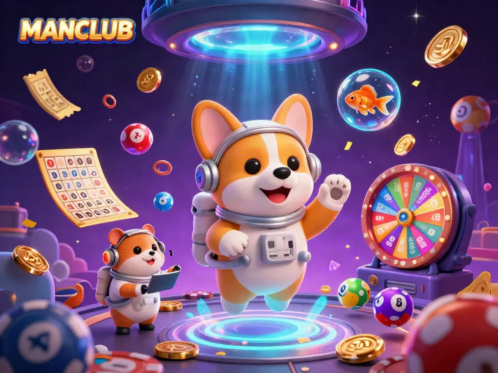 Engage in thrilling jackpots at MANCLUB as coins and colorful balls float in a dynamic casino scene.