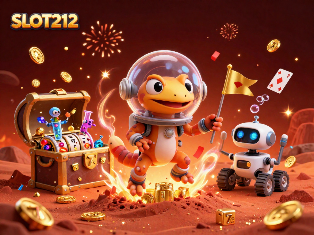 SLOT212 showcases a thrilling scene of a Martian gecko discovering a golden casino filled with treasures and slot reels.