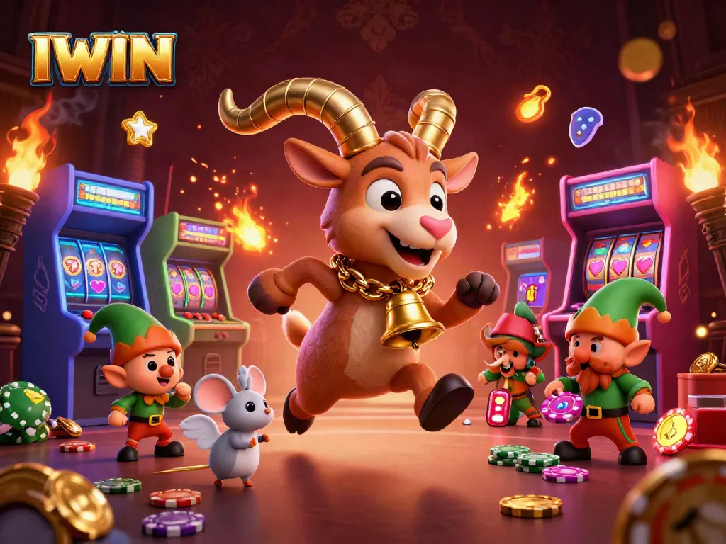 IWIN casino adventure with Krampus and elves amidst slot machines and festive decorations