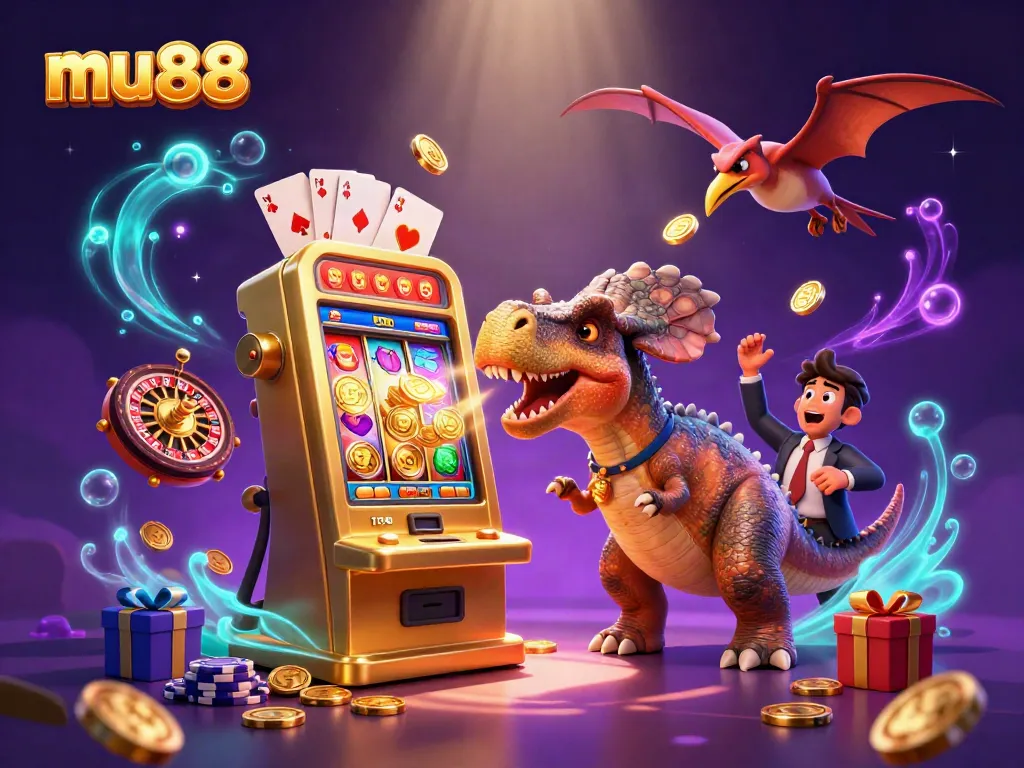 Catch golden coins with mu88 in a vibrant 3D casino scene of prehistoric characters.