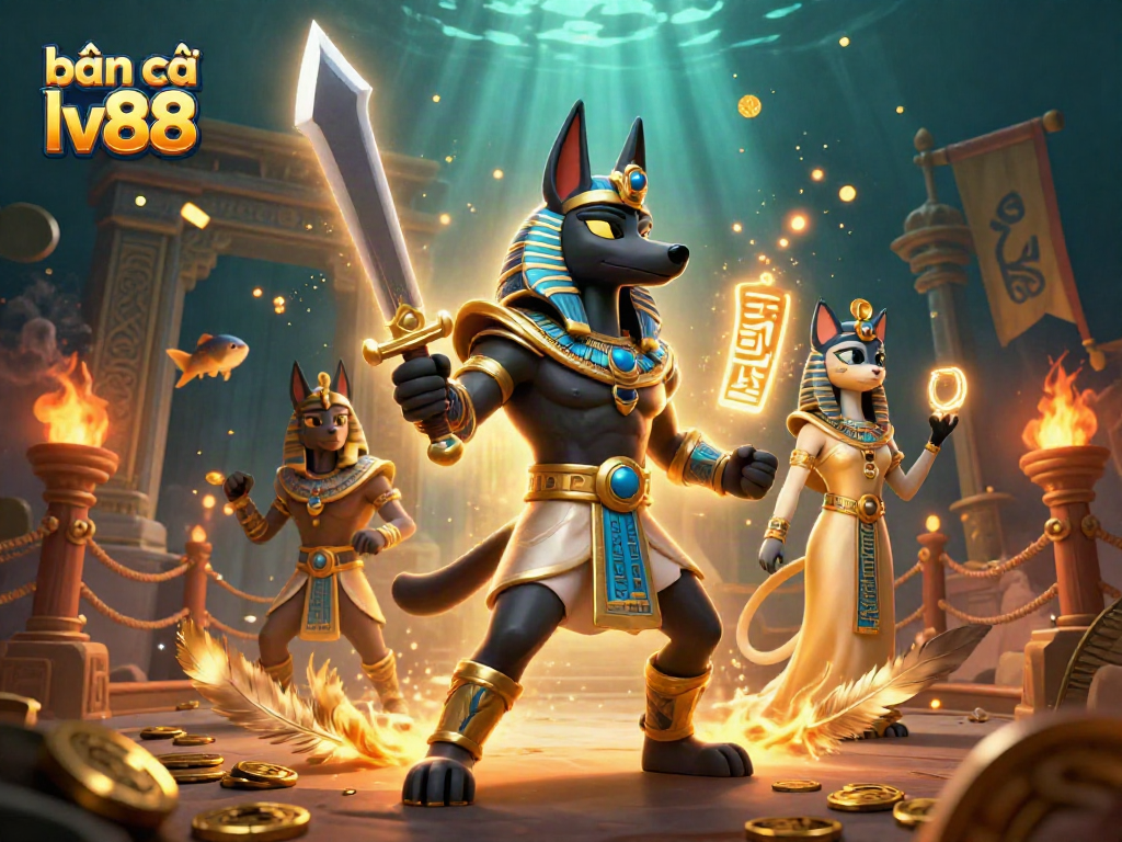 Engage with bắn cá lv88 in a vibrant underwater scene featuring Anubis and Bastet amidst swirling golden elements.