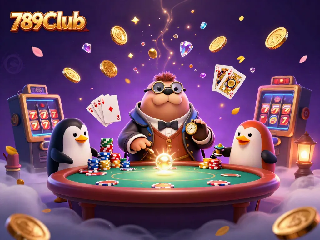 Experience the excitement of 789Club with a whimsical underwater poker scene featuring a walrus, penguin dealer, and pufferfish.