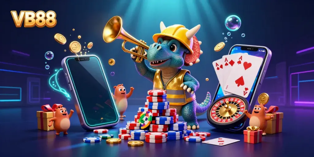 Celebrate exciting wins at VB88 with a vibrant illustrated scene of a triceratops and parasaurolophus in a casino-themed setting.