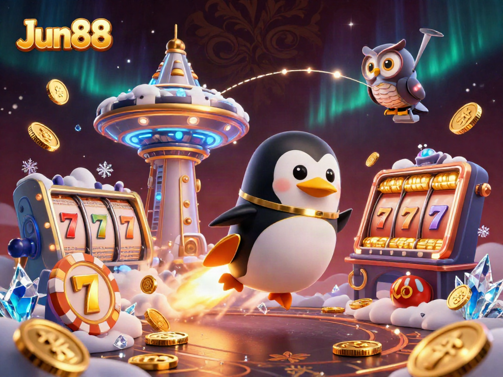 Experience the thrill of casino gaming with Jun88, featuring a golden penguin and slot elements amidst dazzling visuals.