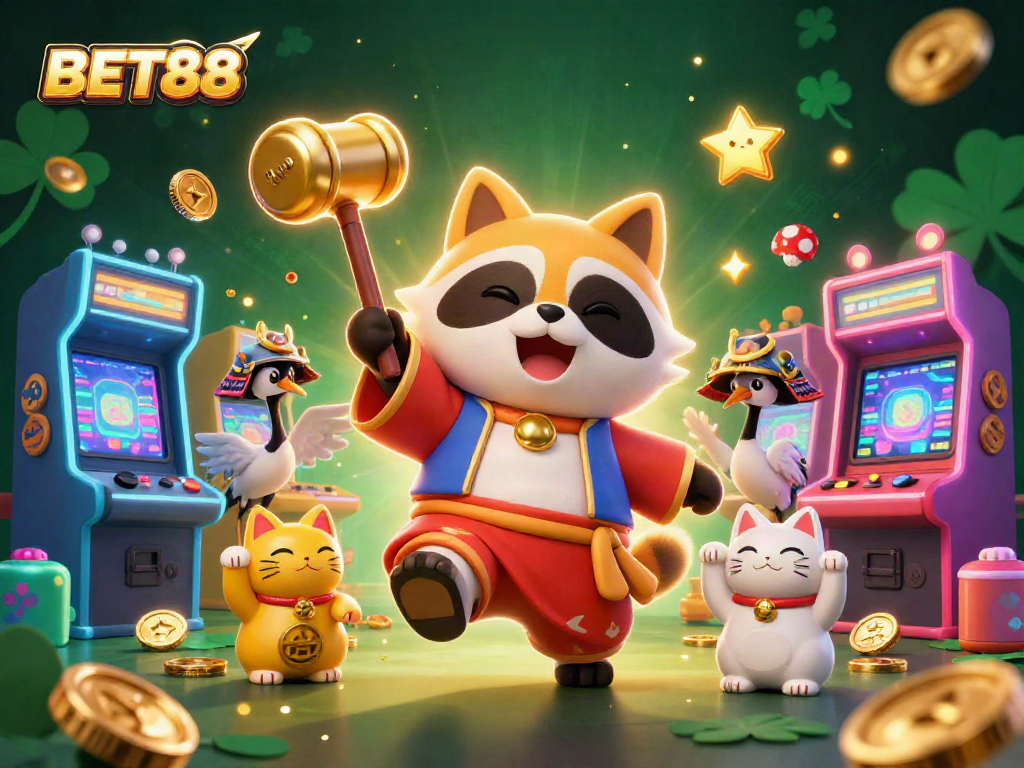 BET88 showcases a cheerful tanuki in a bustling 3D casino scene filled with fortune elements.