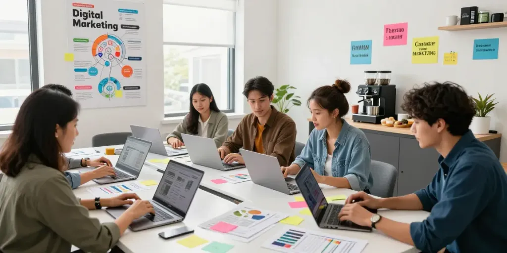 Promote your business online with collaborative marketing strategies in a modern workspace.
