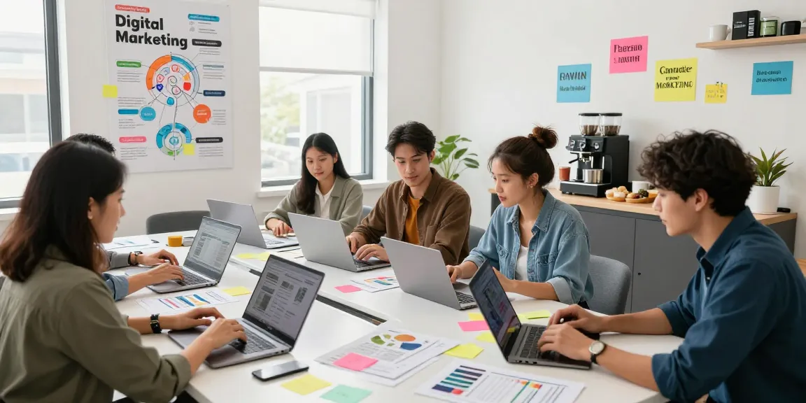 Promote your business online with collaborative marketing strategies in a modern workspace.