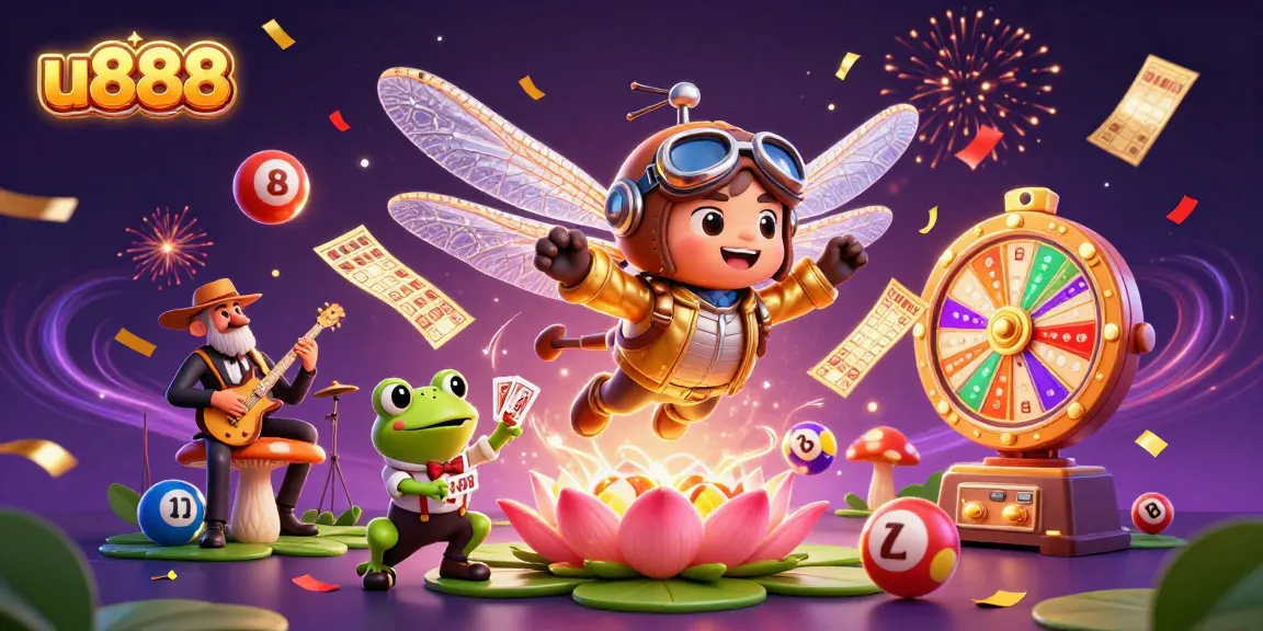 Engage with exciting gaming action at u888 featuring colorful lottery balls and vibrant casino characters.