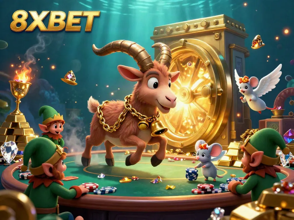 Experience the excitement of 8XBET with Krampus and playful gremlins in a lively casino scene.