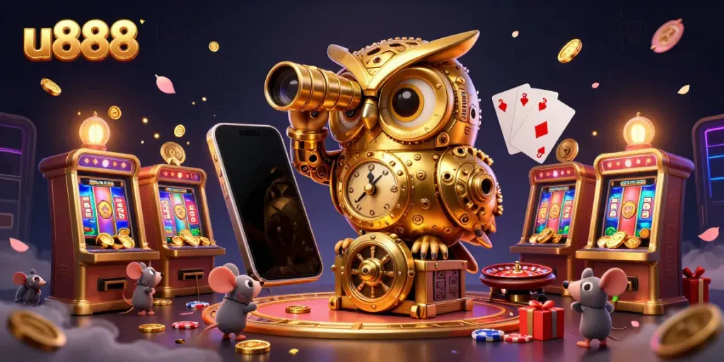 Experience thrilling gameplay at u888 with a vibrant 3D casino scene filled with engaging characters.