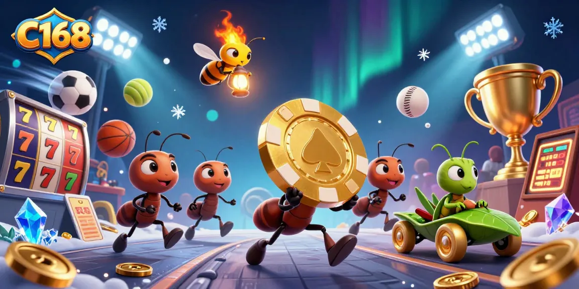 C168 showcases adventurous ants heisting a massive poker chip in a vibrant casino scene.