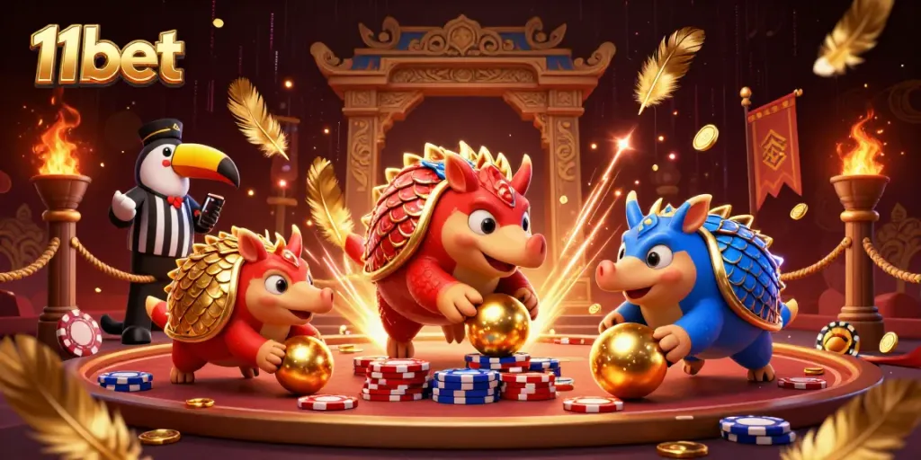 Experience thrilling 11bet action with vibrant pangolins competing in a vibrant animated casino scene.