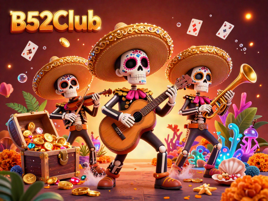 B52Club showcases a vibrant mariachi scene with floating playing cards and ocean treasures.
