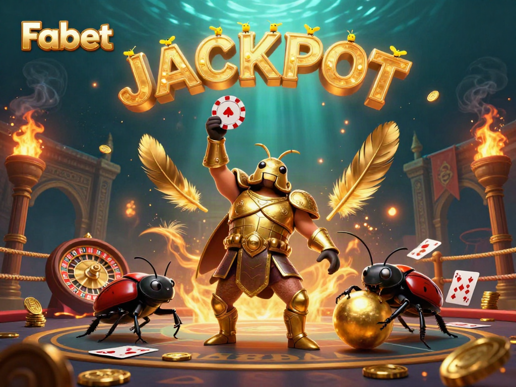 Experience the excitement of Fabet with a victorious beetle and sparkling jackpot in a dynamic casino setting.