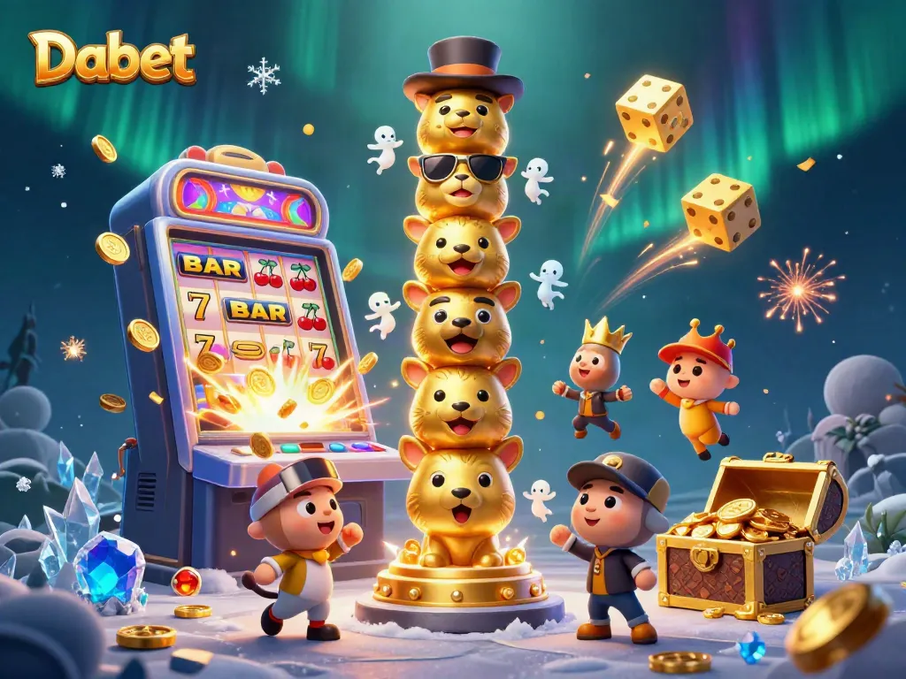 Dabet showcases an exciting casino experience with vibrant characters, slot machines, and jackpot moments.
