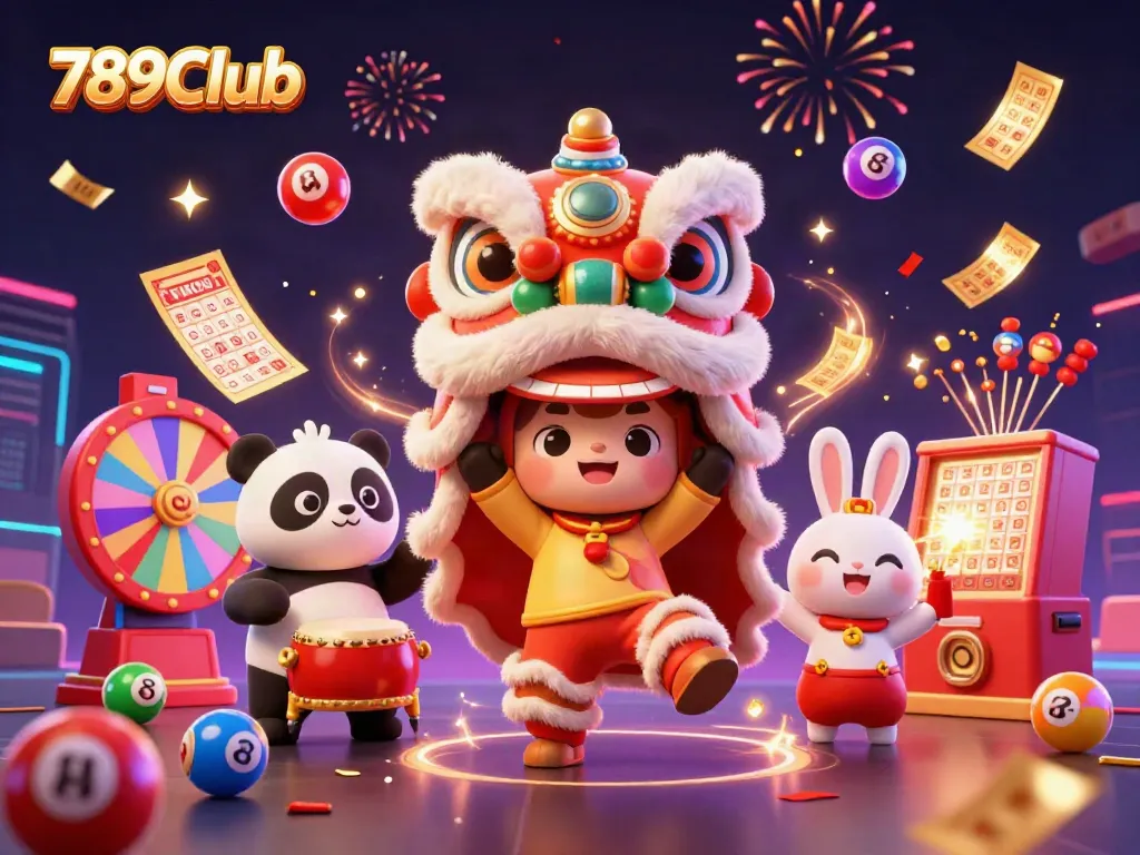 Experience thrilling gameplay at 789Club with vibrant lotto balls and festive characters in action.