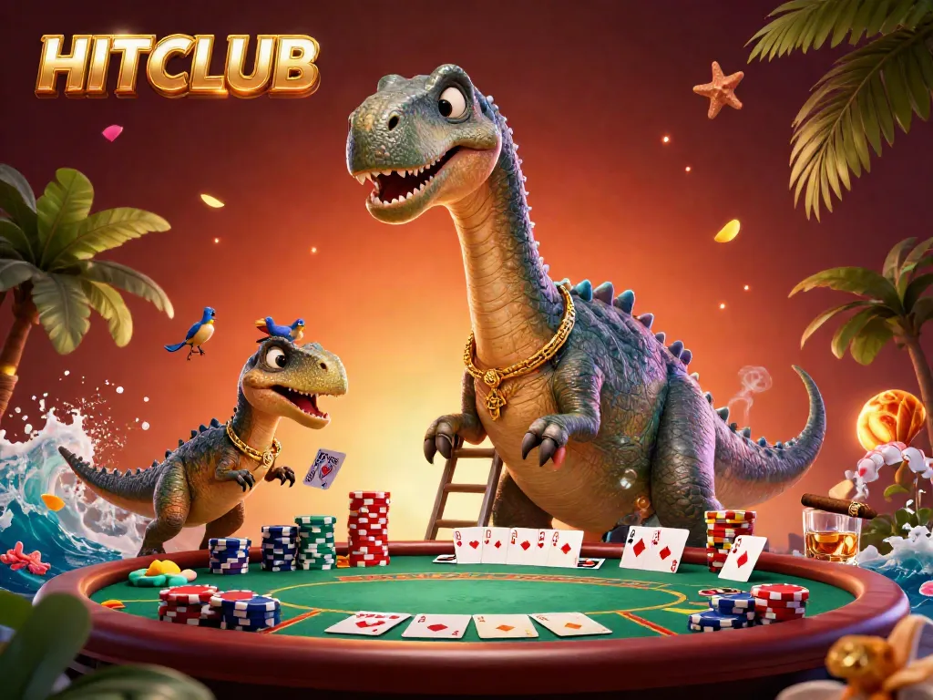 Experience the vibrant energy of HITCLUB with a whimsical scene featuring a towering dinosaur and a raptor dealing poker cards.