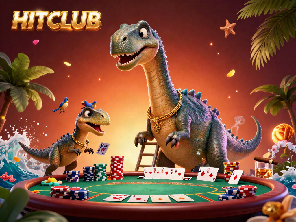 Experience the vibrant energy of HITCLUB with a whimsical scene featuring a towering dinosaur and a raptor dealing poker cards.