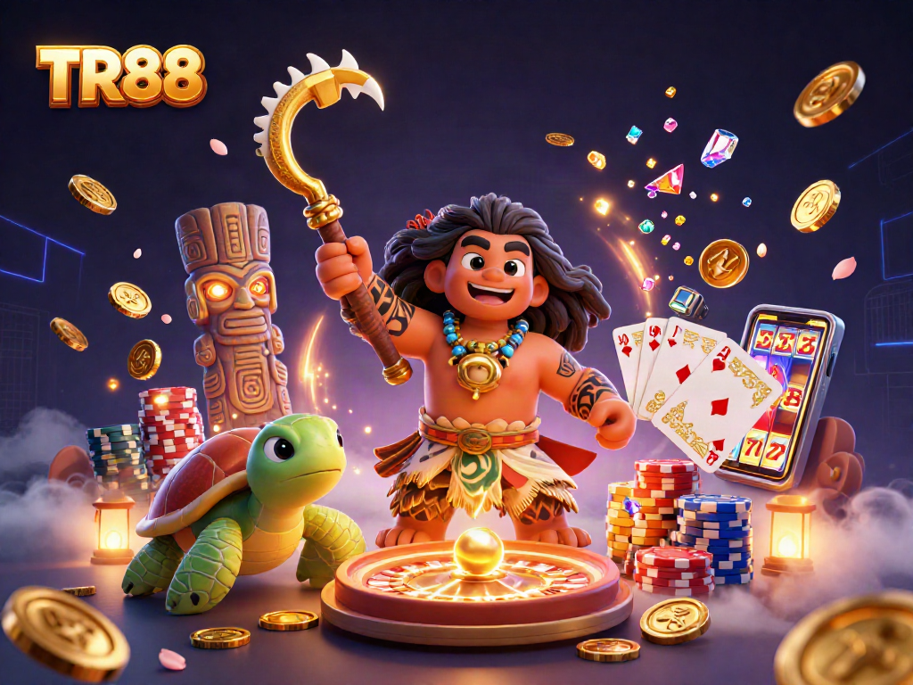 TR88 casino scene with demigod and turtle surrounded by golden coins and roulette wheels.