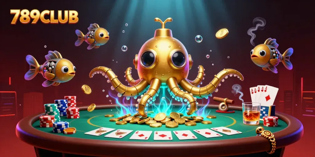 Play poker with 789CLUB's cartoon kraken submarine and mechanical fish in a golden coin sea.