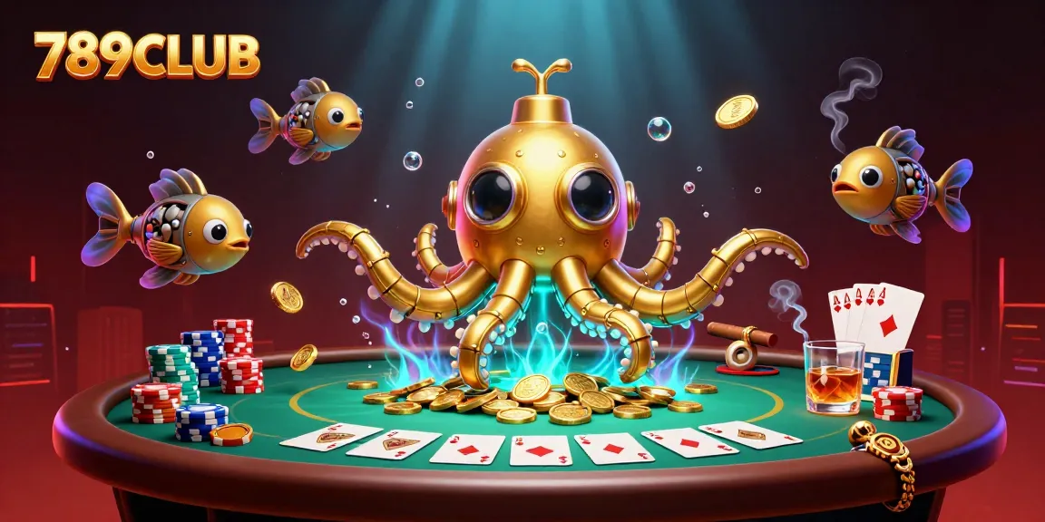 Play poker with 789CLUB's cartoon kraken submarine and mechanical fish in a golden coin sea.