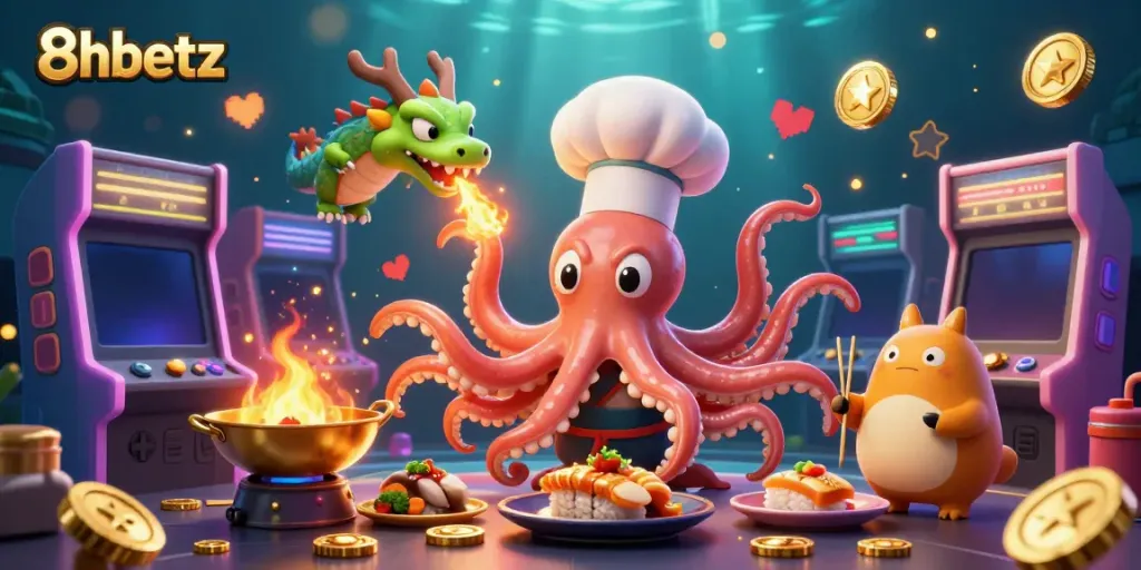 Engage with dynamic 3D casino fun featuring 8xbetz, a sushi chef octopus, and animated gaming elements.