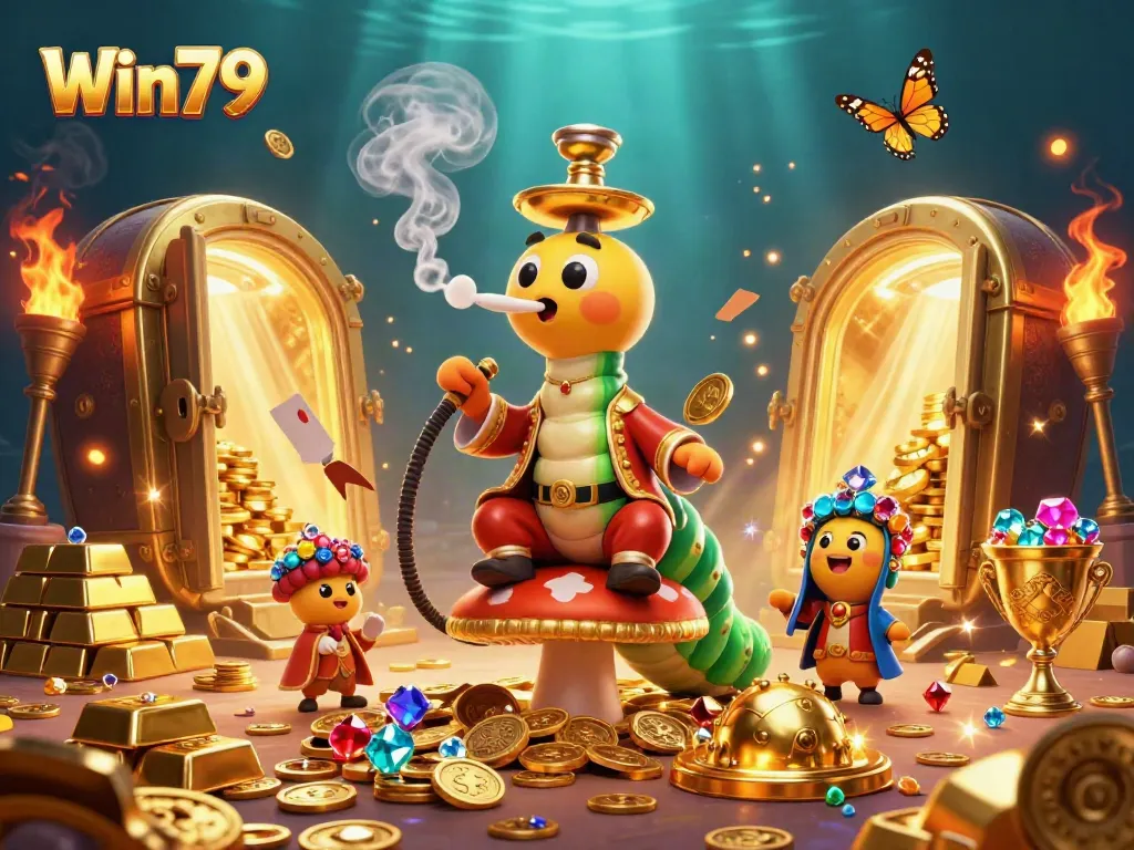 Win79 features a vibrant casino scene with a caterpillar hookah-master amidst golden treasures and poker symbols.