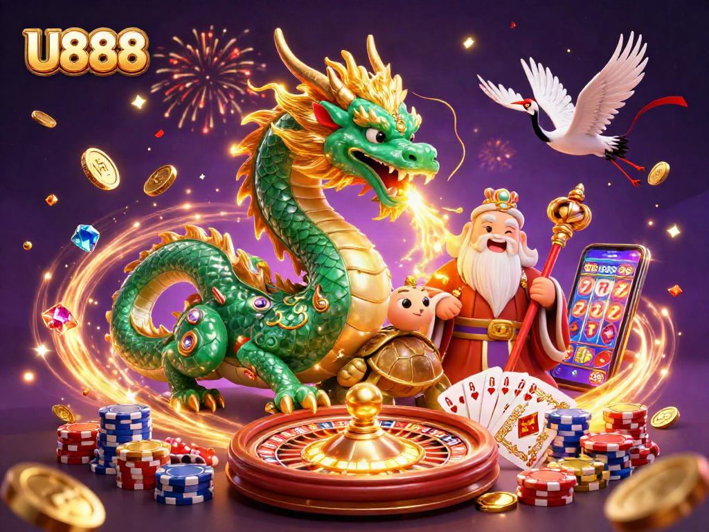 U888 showcases an emerald jade dragon with golden fire, spinning roulette, and vibrant casino elements.
