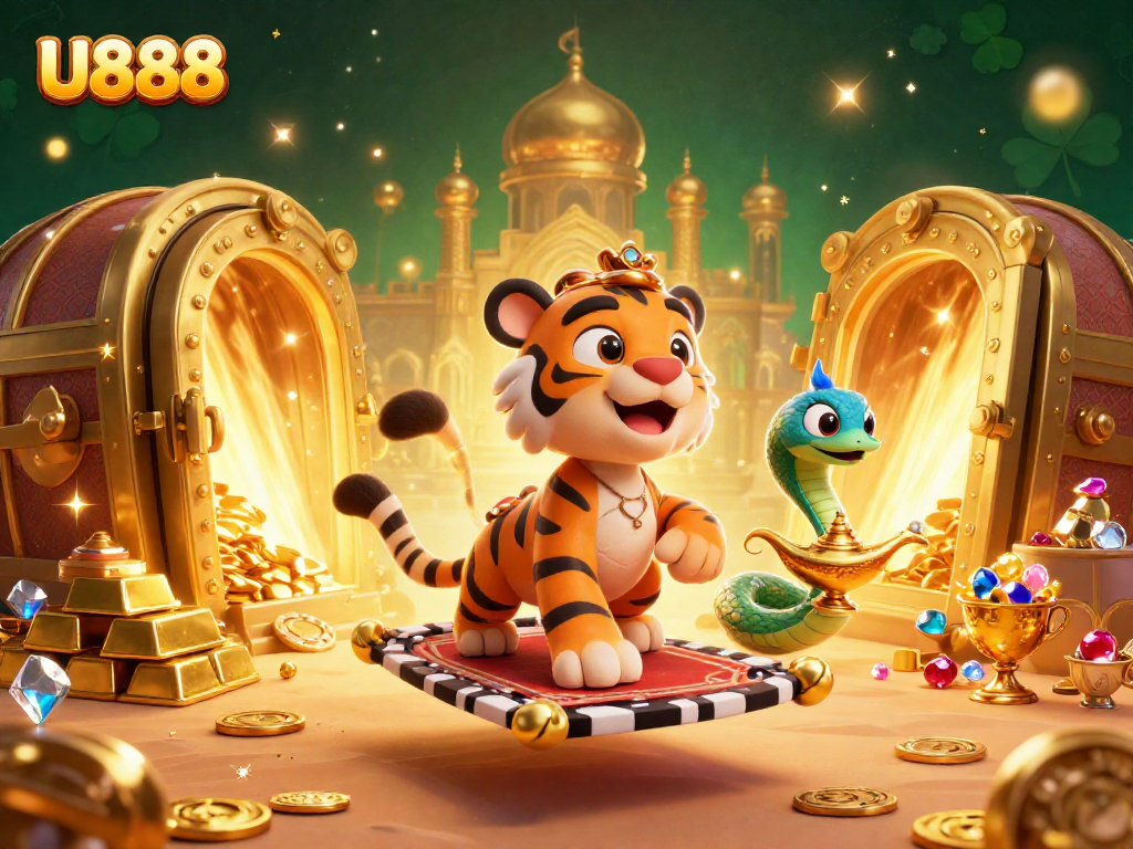 Experience the thrill of U888 with a vibrant casino scene featuring a cartoon sultan and treasure.