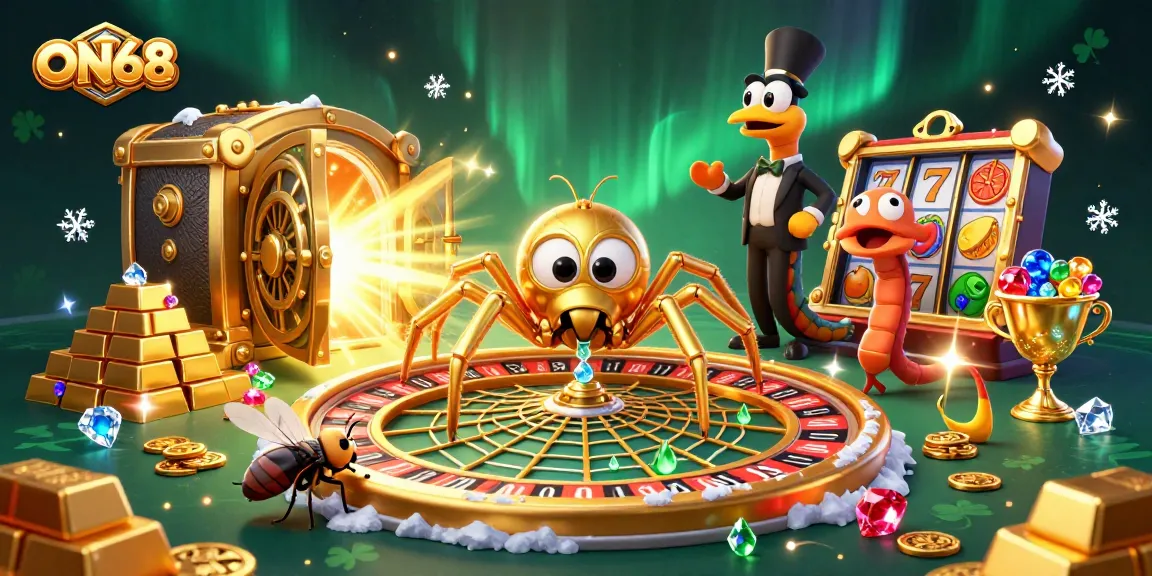 Spinning bets with ON68, a dynamic 3D illustration of a spider and a centipede managing a roulette wheel.