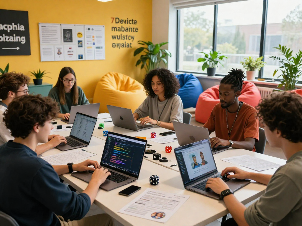 Engaging AI roleplay gathering in a creative workspace with participants, laptops, and vibrant decor.