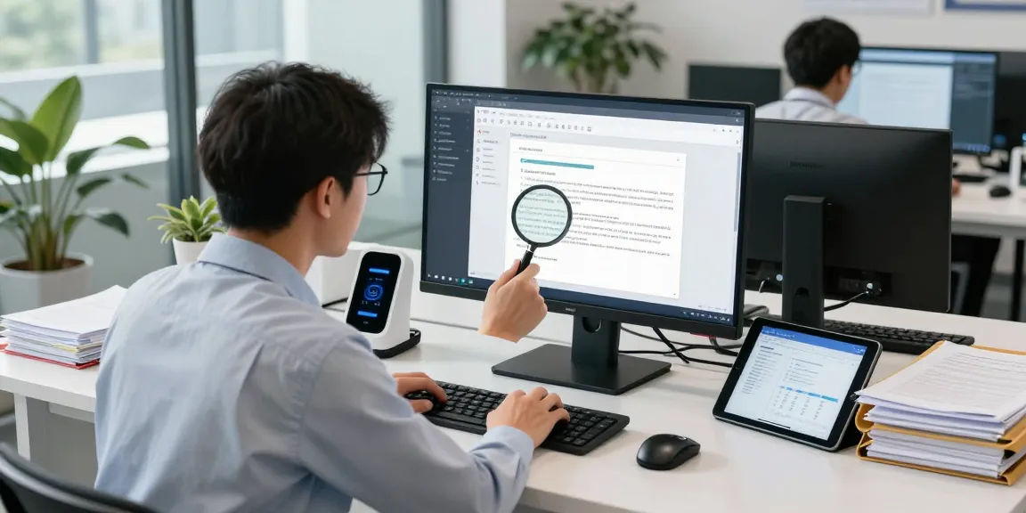 Analyzing document fraud detection with digital tools in a modern office.