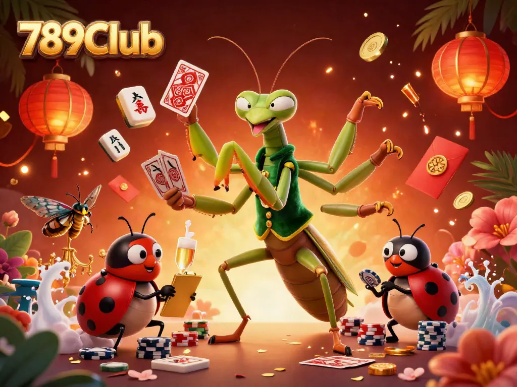 Experience thrilling action at 789Club with a giant mantis dealing cards amidst festive casino elements.