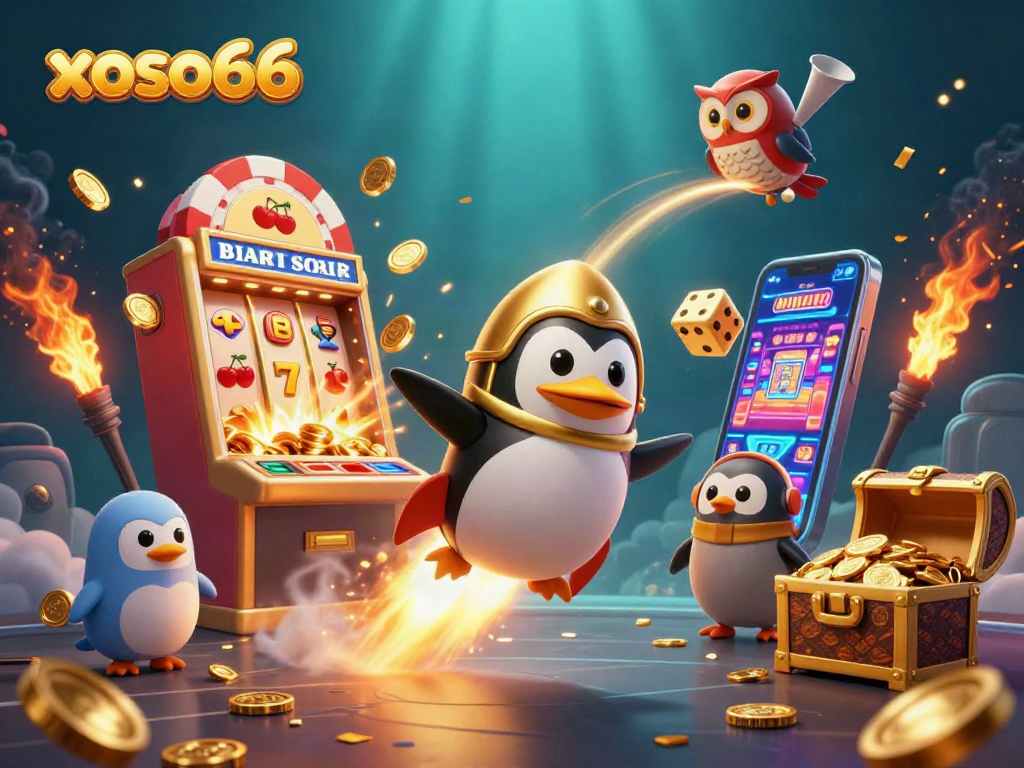Experience thrilling wins with xoso66 as a golden penguin and jackpot symbols burst forth.