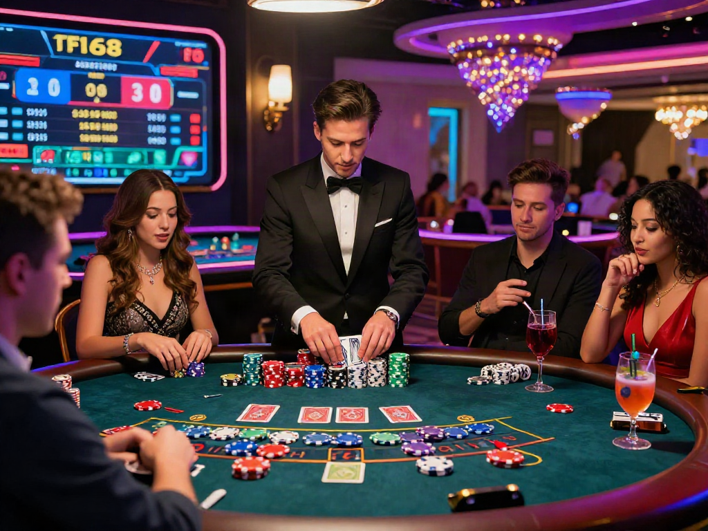 Trải nghiệm tại f168 casino với bàn baccarat sang trọng và người chơi phấn khích.