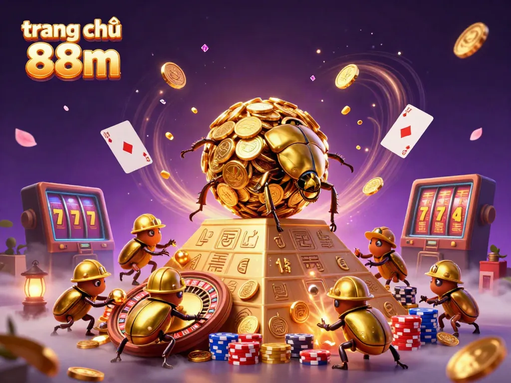 Experience the excitement at trang chủ 88m with golden beetles rolling coins in a vibrant casino scene.