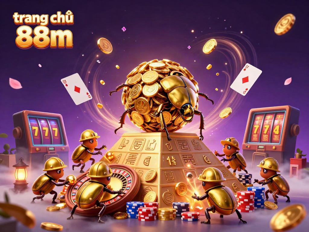 Experience the excitement at trang chủ 88m with golden beetles rolling coins in a vibrant casino scene.