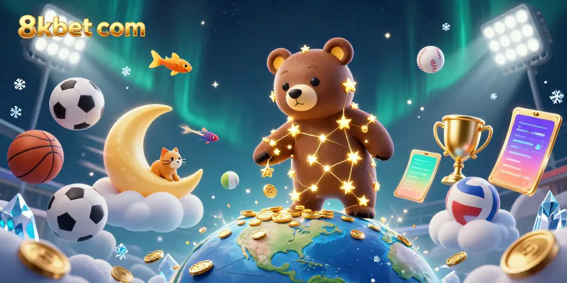 Scoop up coins with 8xbet com in a vibrant 3D casino scene featuring a constellation bear and sports elements.