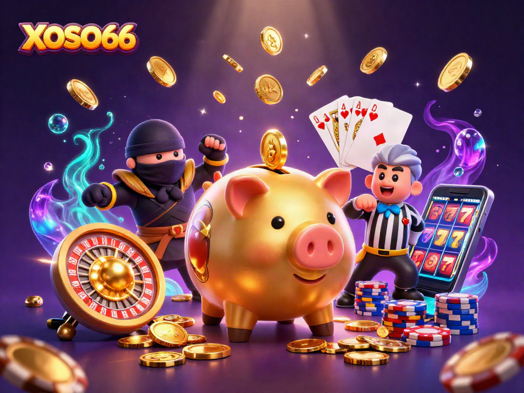 XOSO66 showcases an exciting casino scene with a sumo wrestler piggy bank and dazzling game elements.