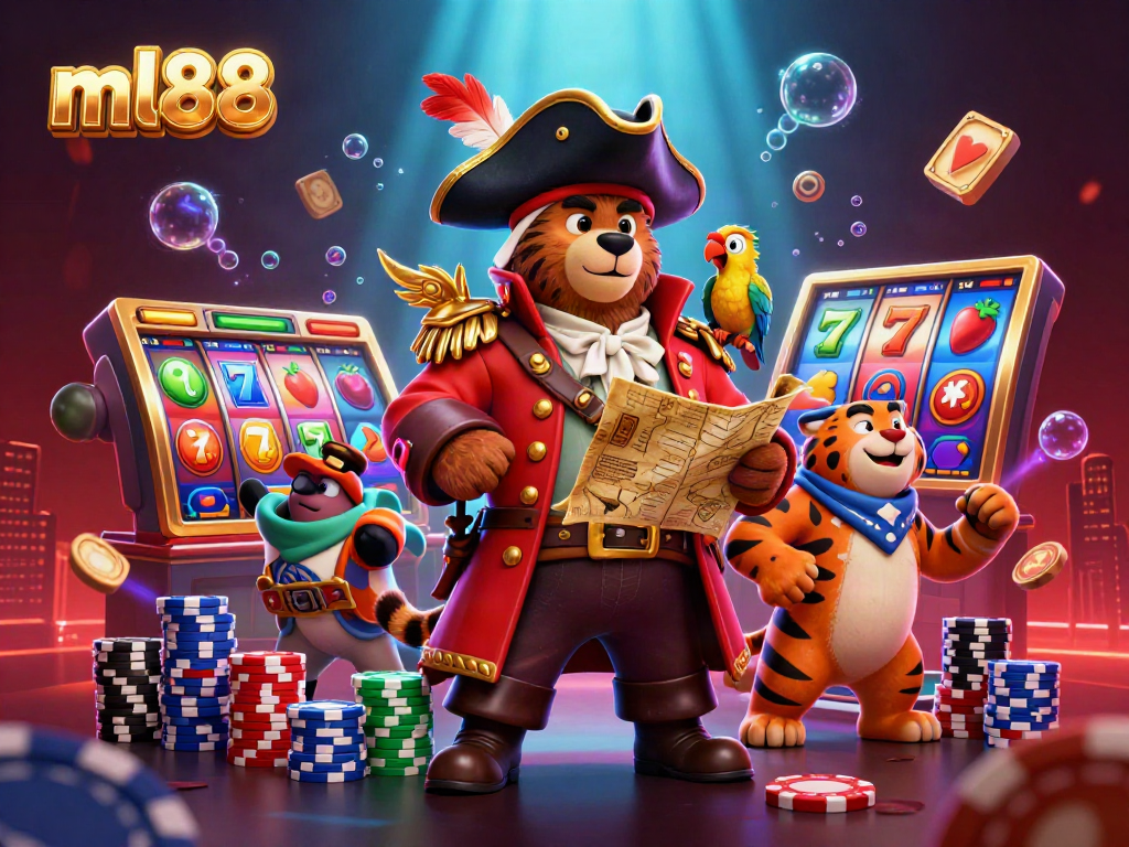 Experience thrilling games at ml88 featuring colorful slot reels, poker chips, and lively characters.